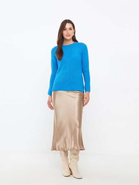 LCWAIKIKI Basic Bisiklet Yaka Kendinden Desenli Uzun Kollu Kadın Triko Kazak - W23999Z8-H7M