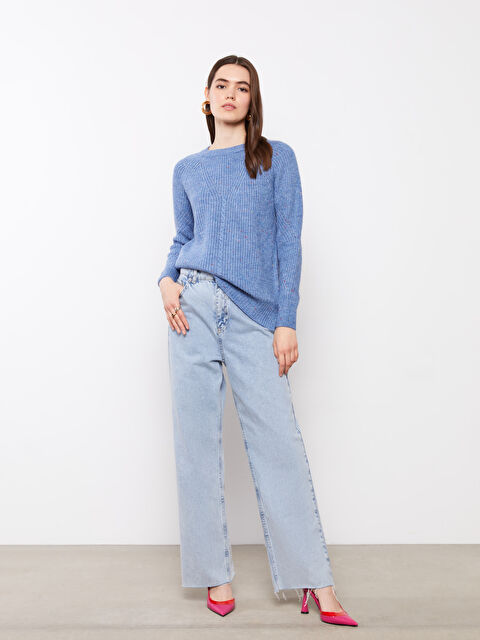 LCWAIKIKI Basic Bisiklet Yaka Kendinden Desenli Uzun Kollu Kadın Triko Kazak - W23999Z8-GNQ