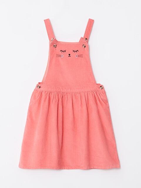 LCW Kids Kare Yaka Nakışlı Askılı Kadife Kız Çocuk Salopet Elbise - W24605Z4-GGS
