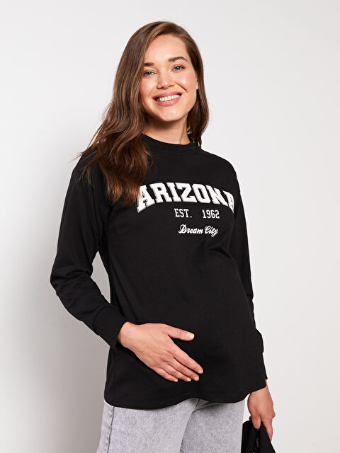 LCWAIKIKI Maternity Bisiklet Yaka Baskılı Uzun Kollu Hamile Tişört - W24627Z8-CVL