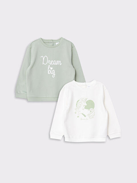 LCW baby Crew Neck Long Sleeve Printed Baby Girl Sweatshirt 2 Pieces - W24684Z1-FF7