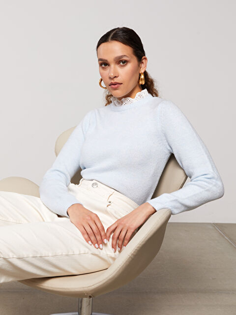 LCW Vision Fırfırlı Dik Yaka Düz Uzun Kollu Kadın Triko Kazak - W25050Z8-G0K