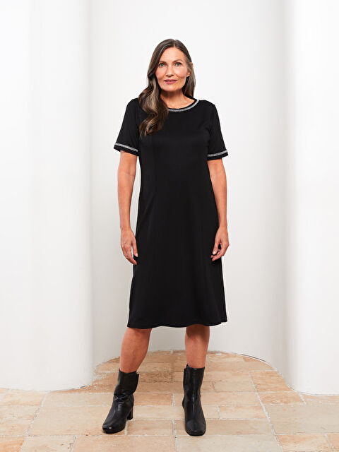 LCW Grace Bisiklet Yaka Nakışlı Kısa Kollu A Kesim Kadın Elbise - W26096Z8-CVL