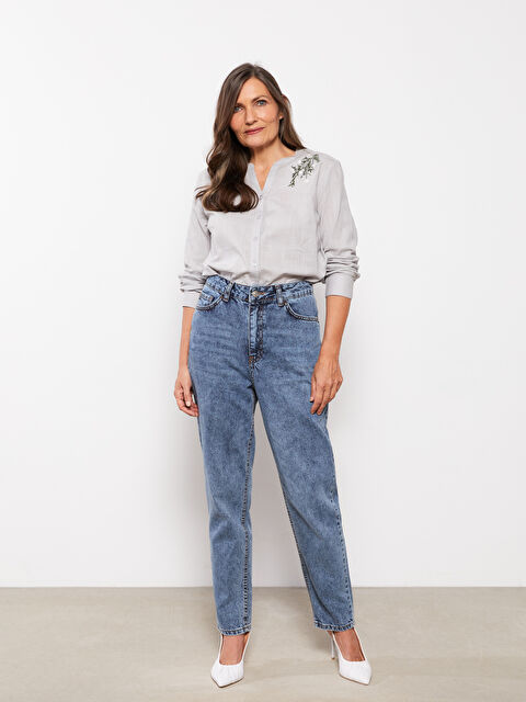 LCW Grace Kaçık Yaka Nakışlı Uzun Kollu Pamuklu Kadın Gömlek - W26261Z8-KXV