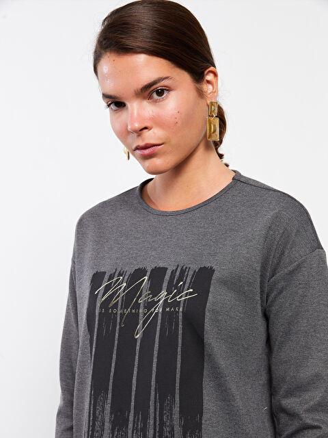 LCWAIKIKI Basic Bisiklet Yaka Baskılı Uzun Kollu Oversize Kadın Tunik - W26265Z8-L8N