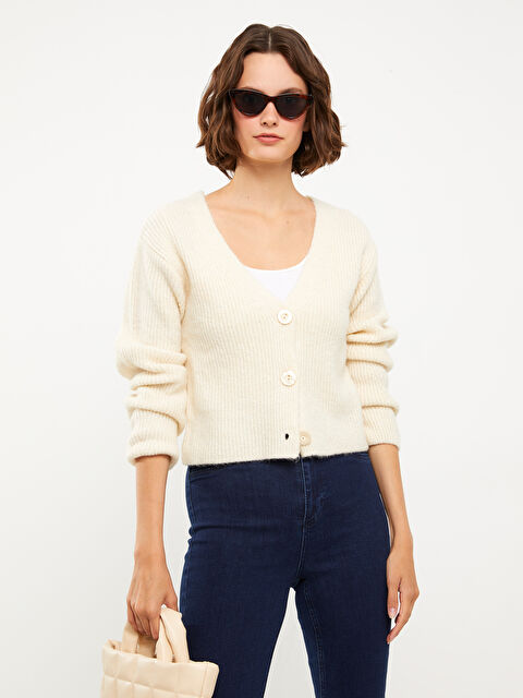 XSIDE V Yaka Kadın Triko Hırka - W26535Z8-QB3