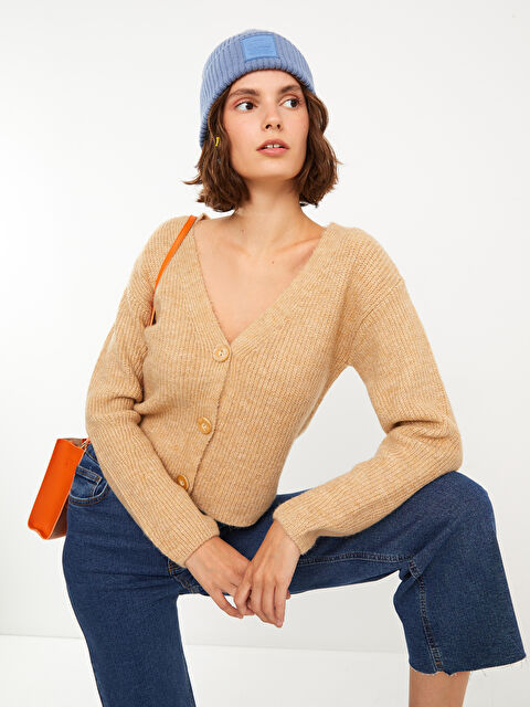 XSIDE V Yaka Kadın Triko Hırka - W26535Z8-S25