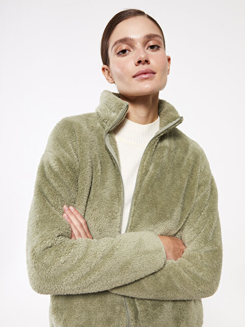 LCWAIKIKI Basic Dik Yaka Düz Uzun Kollu Polar Kadın Spor Hırka - W27193Z8-GHY