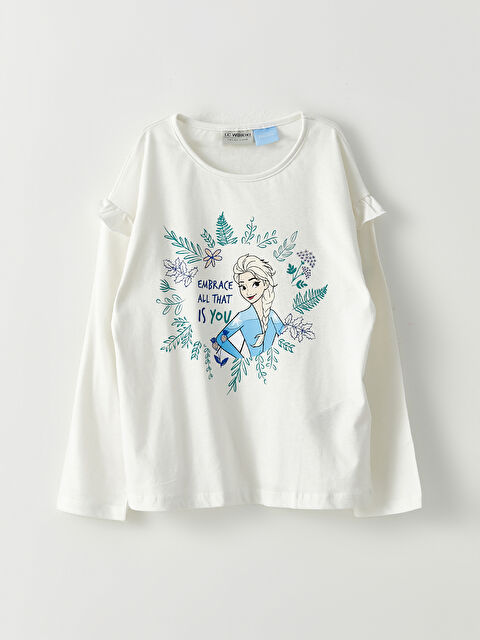 LCW Kids Bisiklet Yaka Elsa Baskılı Uzun Kollu Pamuklu Kız Çocuk Tişört - W27348Z4-FDU