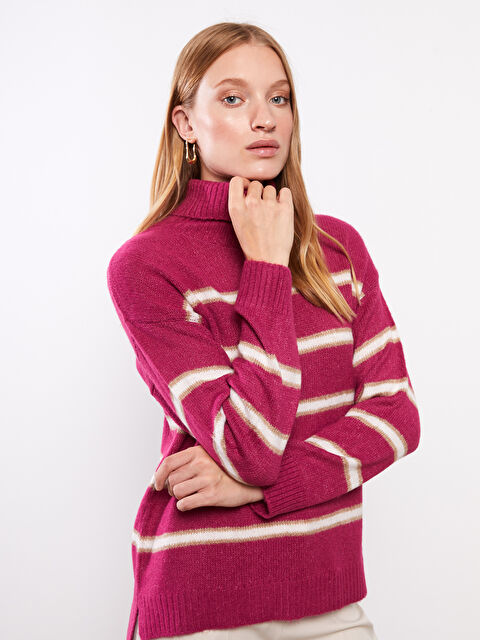 LCWAIKIKI Basic Balıkçı Yaka Çizgili Uzun Kollu Kadın Triko Kazak - W27358Z8-EQK