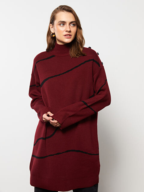 LCWAIKIKI Basic Dik Yaka Desenli Uzun Kollu Kadın Triko Tunik - W27376Z8-SKE