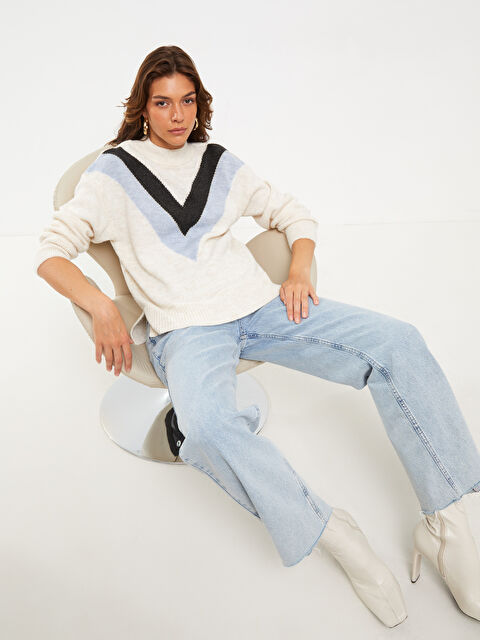 LCWAIKIKI Basic Yarım Balıkçı Yaka Desenli Uzun Kollu Kadın Triko Kazak - W27387Z8-R9J