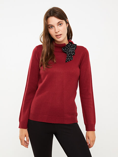 LCWAIKIKI Basic Свитер из трикотажа с длинным рукавом и воротником на завязках для женщин - W27419Z8-SEY