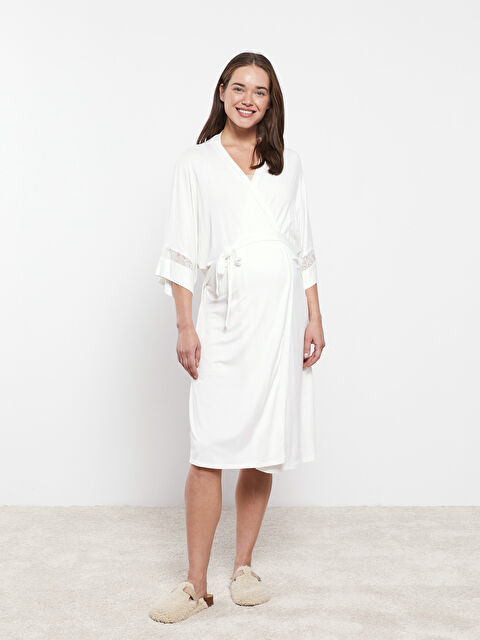 LCW DREAM Kruvaze Yaka Dantel Detaylı Beli Bağlamalı Hamile Sabahlık - W28086Z8-FDU