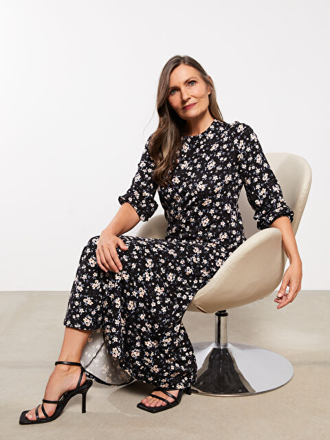LCW Grace Crew Neck Floral Long Sleeve Women's Dress - W28202Z8-LQJ