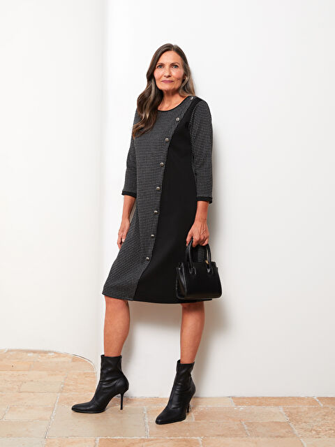 LCW Grace Bisiklet Yaka Kaz Ayağı Desenli Kadın Elbise - W28325Z8-MHS