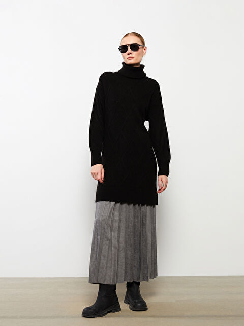 LCWAIKIKI Basic Balıkçı Yaka Kendinden Desenli Uzun Kollu Kadın Tunik - W28364Z8-CVL