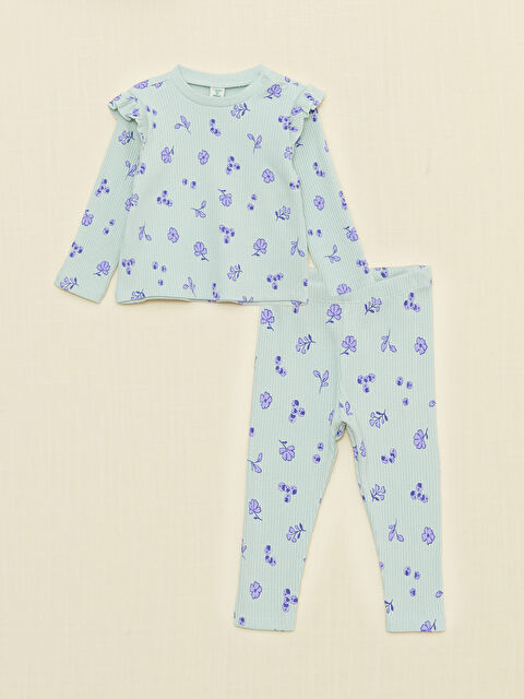 LCW baby Crew Neck Long Sleeve Printed Organic Cotton Baby Girl T-shirt and Tights 2-Pack Set - W28858Z1-LRF