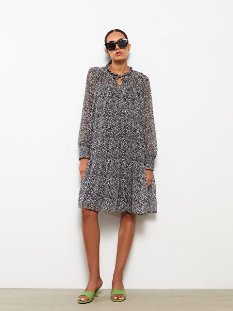 LCWAIKIKI Maternity Bağlamalı Yaka Çiçekli Uzun Kollu Hamile Elbise - W29310Z8-LT4