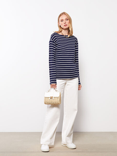 LCWAIKIKI Basic Bisiklet Yaka Çizgili Uzun Kollu Kadın Tişört - W29379Z8-LGS