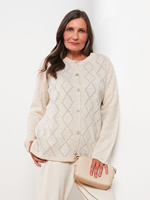 LCW Grace Bisiklet Yaka Nakışlı Uzun Kollu Kadın Triko Hırka - W29565Z8-SHH