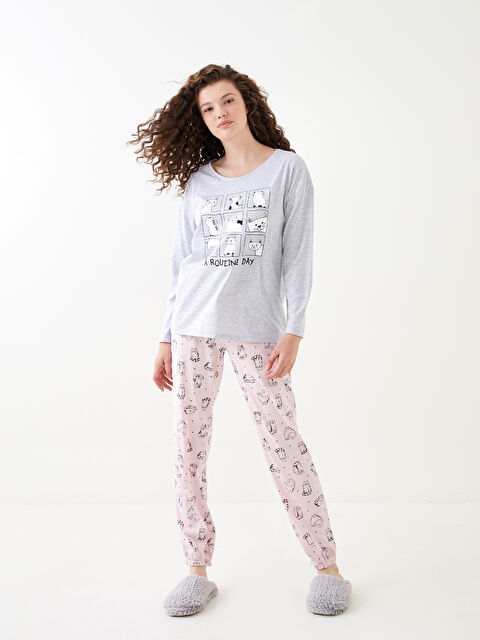 LCW DREAM Bisiklet Yaka Baskılı Uzun Kollu Kadın Pijama Takımı - W29743Z8-LT4
