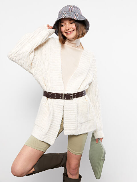 LCW Vision Şal Yaka Kendinden Desenli Uzun Kollu Kadın Triko Hırka - W29919Z8-R9J