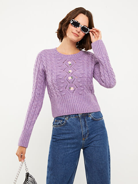 XSIDE Bisiklet Yaka Nakışlı Kadın Triko Kazak - W29947Z8-SAE