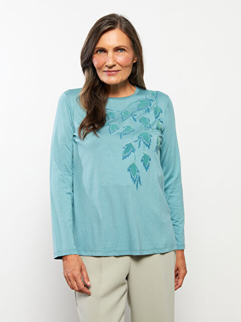 LCW Grace Bisiklet Yaka Baskılı Uzun Kollu Kadın Tişört - W2AB98Z8-GDX