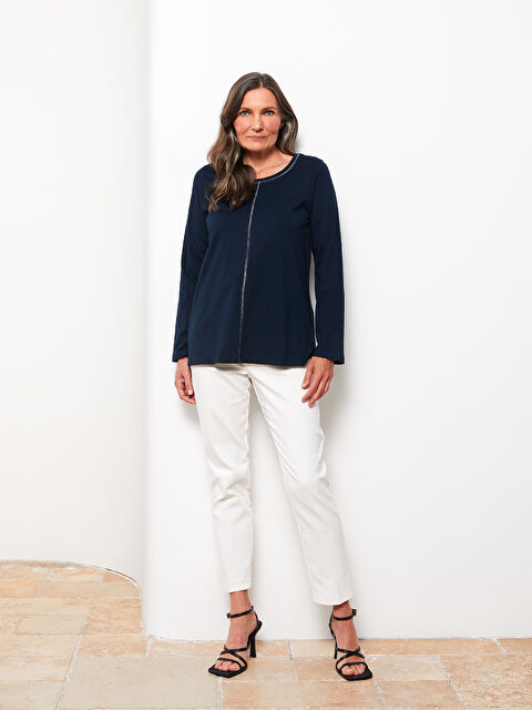 LCW Grace Bisiklet Yaka Düz Uzun Kollu Pamuklu Kadın Tişört - W2AC08Z8-E1J