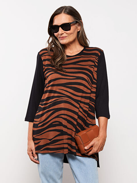 LCW Grace Bisiklet Yaka Desenli Uzun Kollu Krep Kadın Tişört - W2AC10Z8-CVL