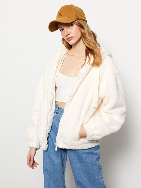 XSIDE Kapüşonlu Düz Uzun Kollu Kadın Pelüş Mont - W2AG99Z8-RFC