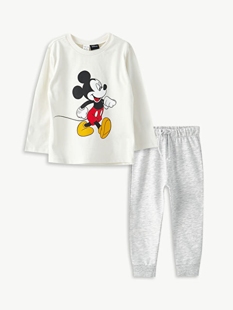 LCW baby Crew Neck Long Sleeve Mickey Mouse Printed Baby Boy T-shirt and Trousers 2-Pack Set - W2AH36Z1-FDU