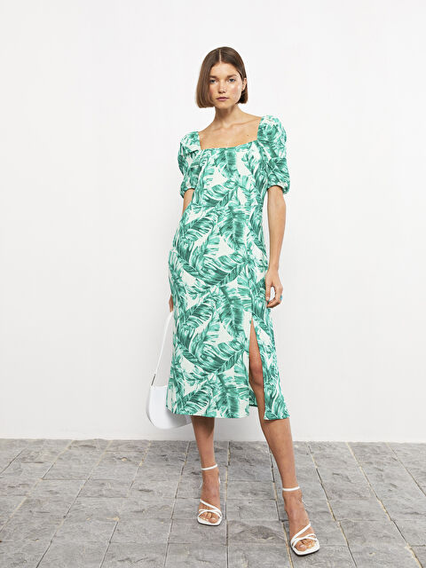 LCW Vision Kare Yaka Desenli Balon Kollu Viskon Elbise - W2AI22Z8-LRR