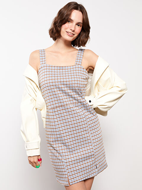 LCW Vision Kare Yaka Kazayağı Desenli Askılı Kadın Elbise - W2AI33Z8-LLL