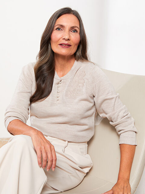 LCW Grace Bisiklet Yaka Nakışlı Kadın Triko Kazak - W2AL55Z8-L8Q