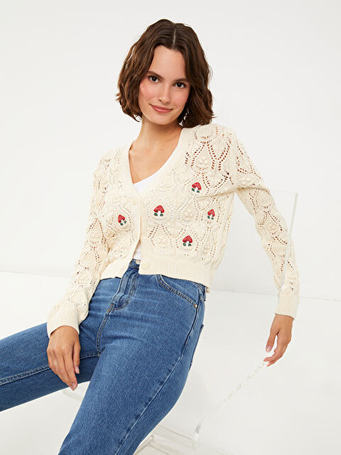 XSIDE V Yaka Nakışlı Uzun Kollu Kadın Triko Hırka - W2AN61Z8-RFC