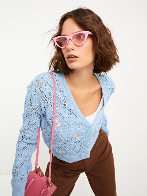 XSIDE V Yaka Nakışlı Uzun Kollu Kadın Triko Hırka - W2AN61Z8-S0S