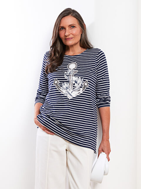 LCW Grace Bisiklet Yaka Çizgili Uzun Kollu Kadın Tişört - W2AN95Z8-LSJ