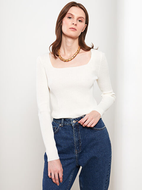 LCW Vision Kare Yaka Düz Uzun Kollu Kadın Triko Kazak - W2AU83Z8-R9J