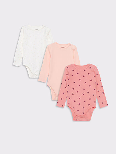 LCW baby Bisiklet Yaka Uzun Kollu Desenli Pamuklu Kız Bebek Çıtçıtlı Body 3'lü - W2AV37Z1-LT4