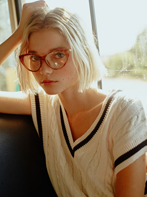 XSIDE V Yaka Kendinden Desenli Kadın Triko Süveter - W2BH06Z8-RFC