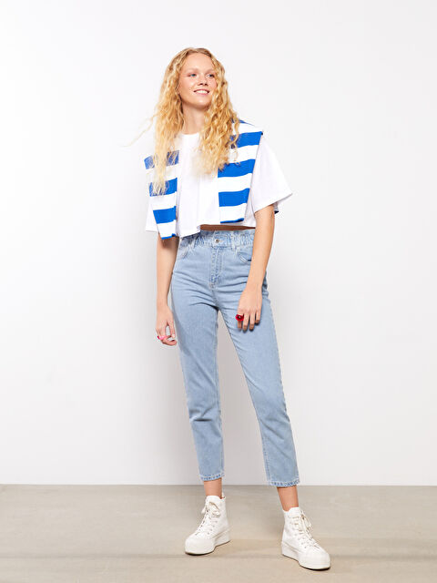 XSIDE سروال دينيم نساء بخصر مرتفع وموم فيت مع تفاصيل جيوب عادية - W2BJ58Z8-S54