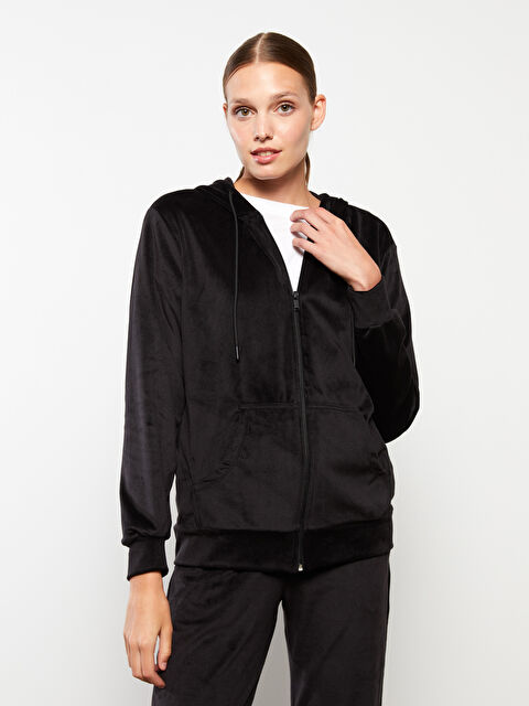 LCWAIKIKI Basic Kapüşonlu Düz Uzun Kollu Kadife Kadın Spor Hırka - W2BN76Z8-CVL