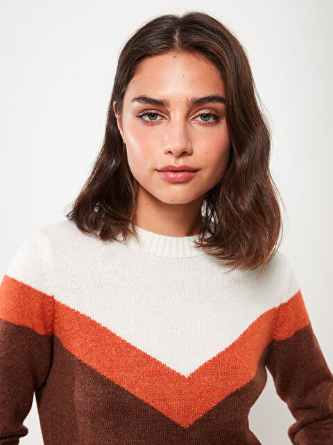 LCW Modest Crew Neck Color Block Long Sleeve Women's Knitwear Tunic - W2BS27Z8-SPW