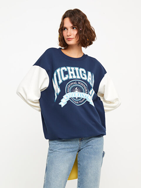 XSIDE Bisiklet Yaka Baskılı Uzun Kollu Kadın Sweatshirt - W2CN24Z8-SKL