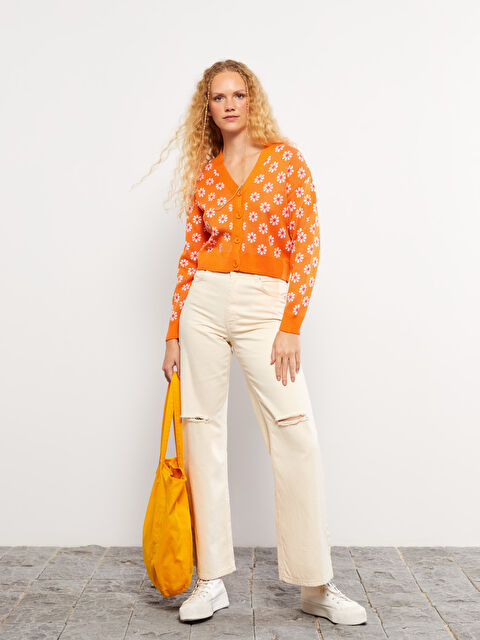 XSIDE V Yaka Çiçekli Uzun Kollu Kadın Triko Hırka - W2CP26Z8-SKA