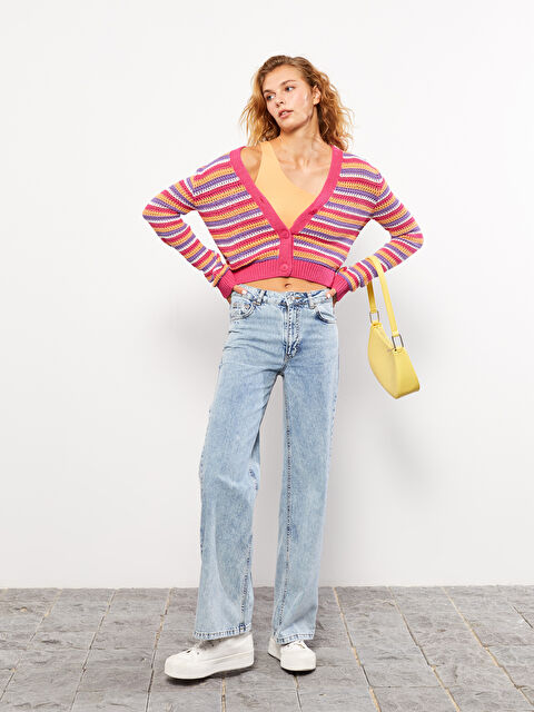 XSIDE V Yaka Çizgili Uzun Kollu Kadın Triko Hırka - W2CP28Z8-SK0