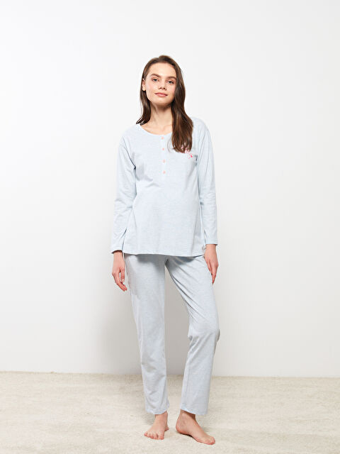 LCW DREAM Bisiklet Yaka Nakışlı Uzun Kollu Hamile Pijama Takımı - W2CP99Z8-L9D