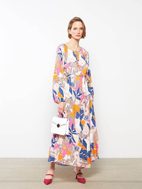 LCWAIKIKI Classic Bağlamalı Yaka Desenli Uzun Kollu Viskon Kadın Gömlek Elbise - W2CS69Z8-F9C